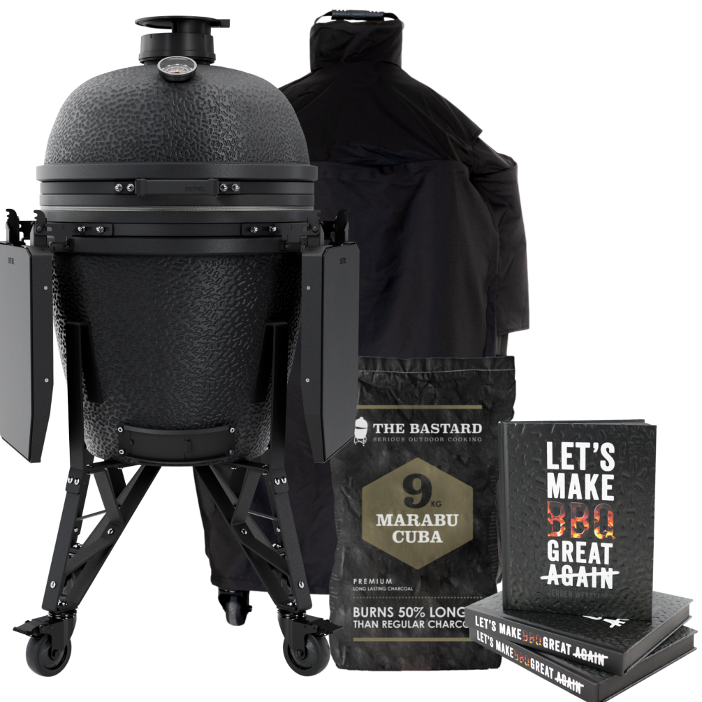 BSTRD. Large Complete Keramikgrill  -  Graphite  inkl. Abdeckhaube, BBQ Buch & Holzkohle B301G Set