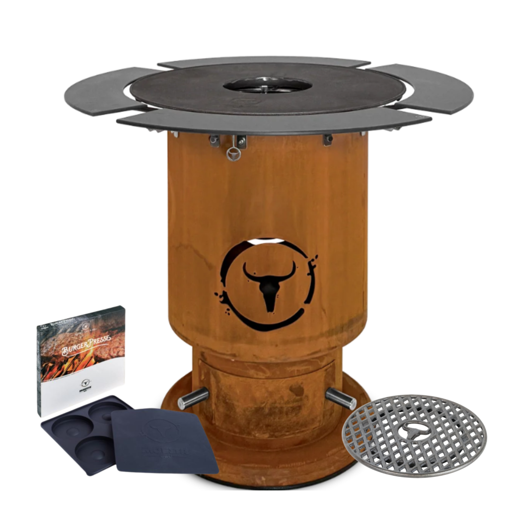 Moesta Feuerplattengrill  Bandit 2.0 FirePlace inkl. 4 x Ablagebretter grau/-oben + Sizzle Rost & Burgerpresse 20372
