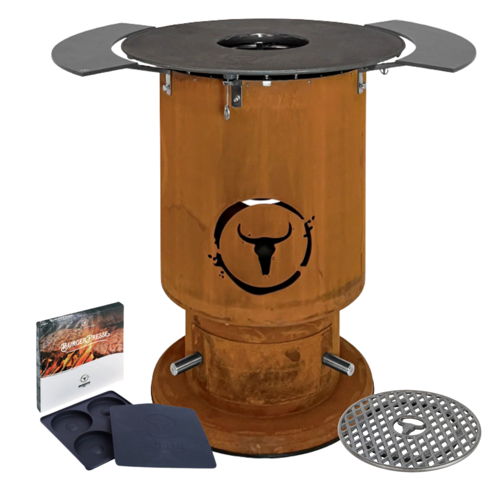 Moesta Feuerplattengrill  Bandit 2.0 FirePlace inkl. 2 x Ablagebretter grau/-oben + Sizzle Rost & Burgerpresse 20366