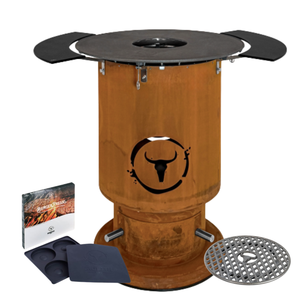 Moesta Feuerplattengrill  Bandit 2.0 FirePlace inkl. 2 x Ablagebretter schwarz/-oben + Sizzle Rost & Burgerpresse 20358