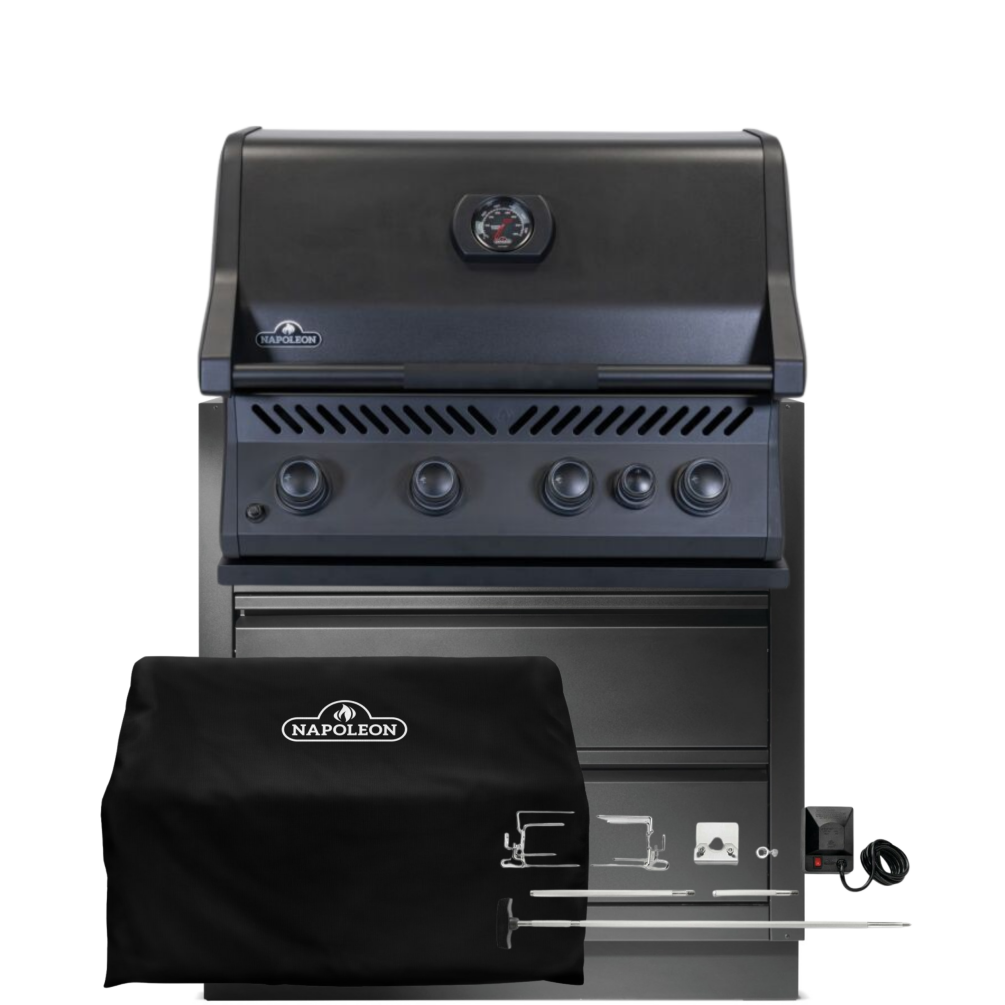 Napoleon Einbau/- Built-In Gasgrill 300 Series Mattschwarz mit Untergestell, Abdeckhaube & Drehspieß BIR32RBPMK-DE+ IM-UGC32-MK