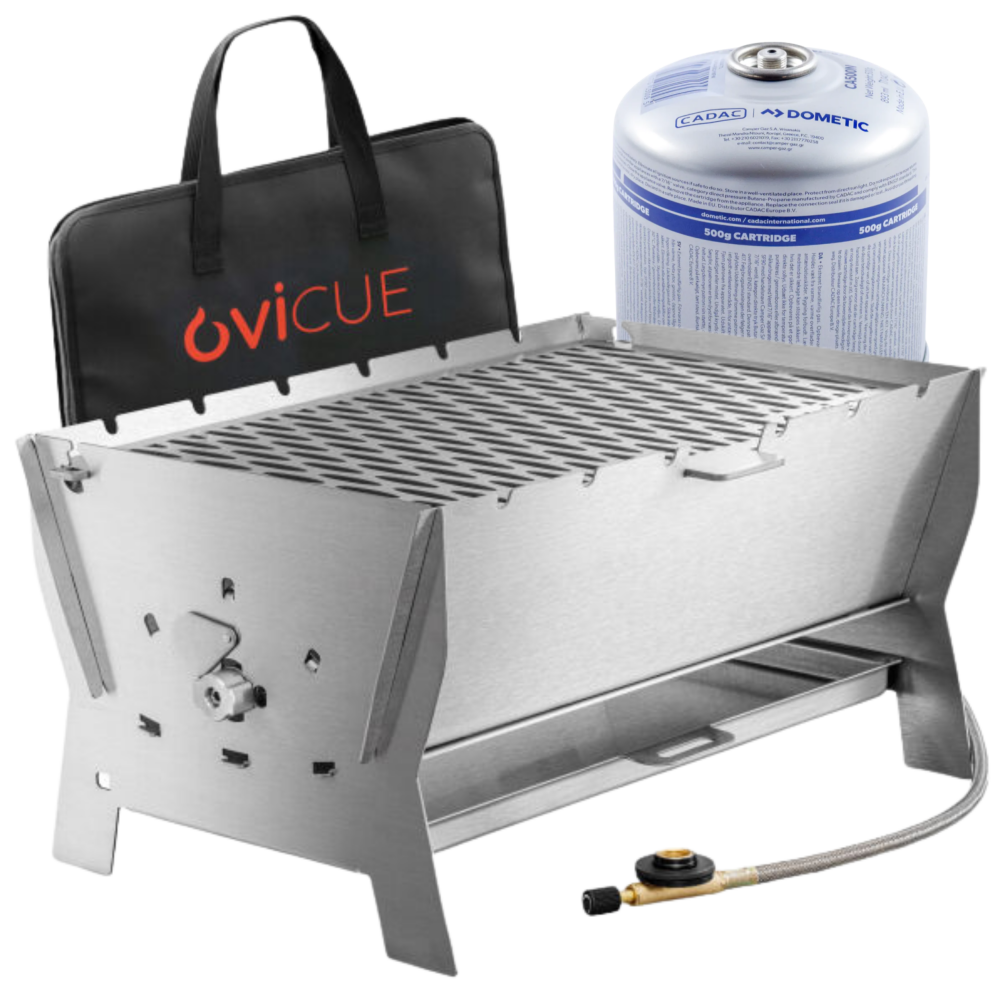 OVICUE Starter-Set Edelstahl Gas- & Holzkohle Steckgrill L inkl. Tasche & Gaskartusche 500gr 80004762