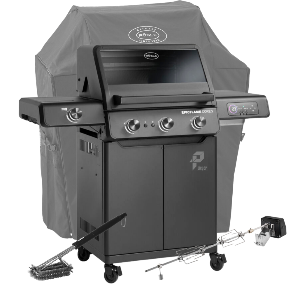 Rösle Smart Gasgrill Epicflame Core 3 Mod.2026 Bundle Set inkl. Abdeckhaube, Drehspieß & Bürste 251164 Set