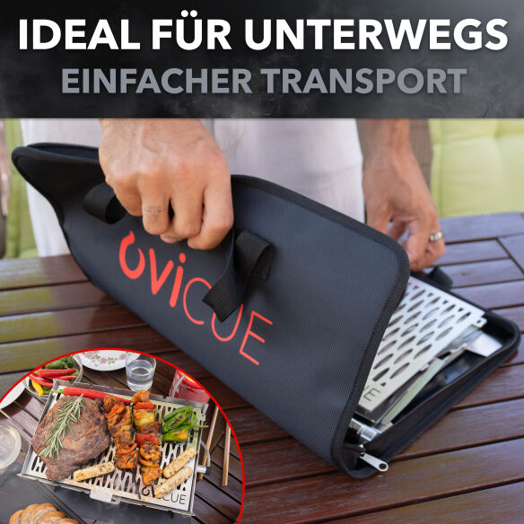 OVICUE Starter-Set Edelstahl Gas- & Holzkohle Steckgrill L inkl. Tasche & Gaskartusche 500gr