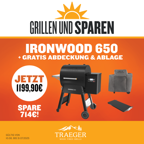 Traeger Pelletgrill Ironwood 650 inkl. Frontablage+ Abdeckhaube & 9 Kg Pellets Traeger Pelletgrill Ironwood 650 inkl. Frontablage+ Abdeckhaube & 9 Kg Pellets